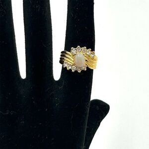 Gold Tone Cocktail Ring with Opal & Clear Stones One Size Intricate Design